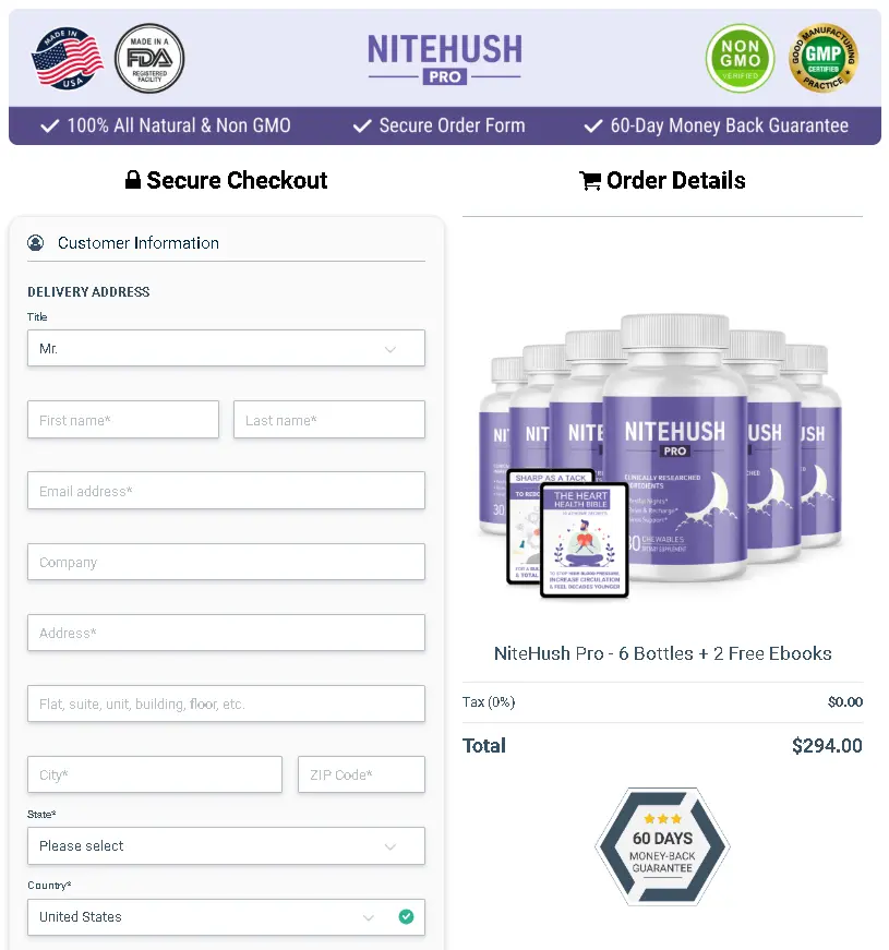 order page of NiteHush Pro 